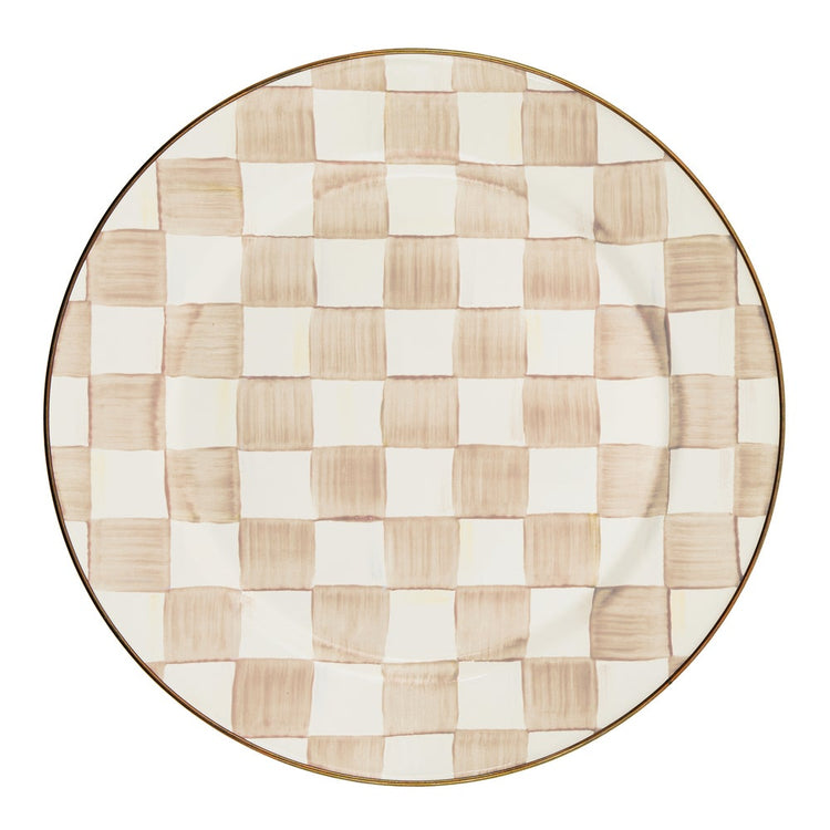 Mocha Check Charger Plate with hand-painted tan and white checkered pattern and bronzed steel rim.