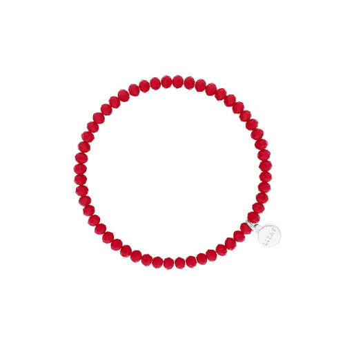 Stretchy beaded bracelet with faceted glass beads in a colorful pattern.