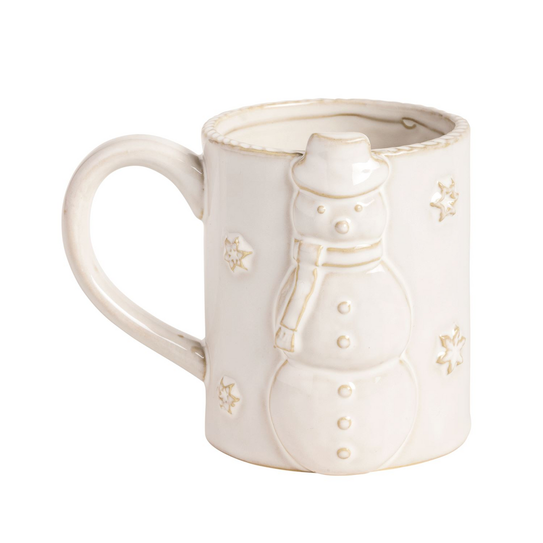 White ceramic Christmas mug with a raised snowman icon and star details.