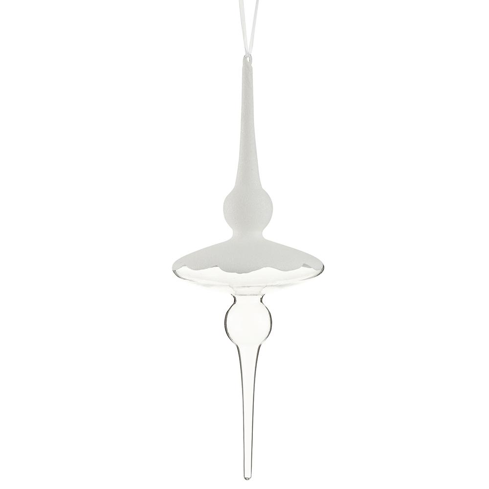 15-inch clear and white glittered glass finial Christmas ornament with a hanging loop.