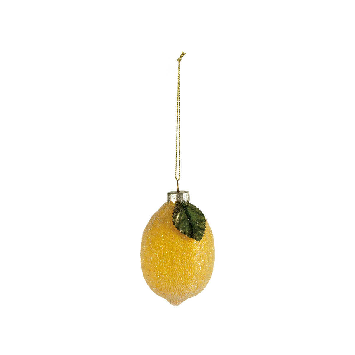Hand-painted glass lemon ornament with a sugar-like glitter finish and a green leaf detail.