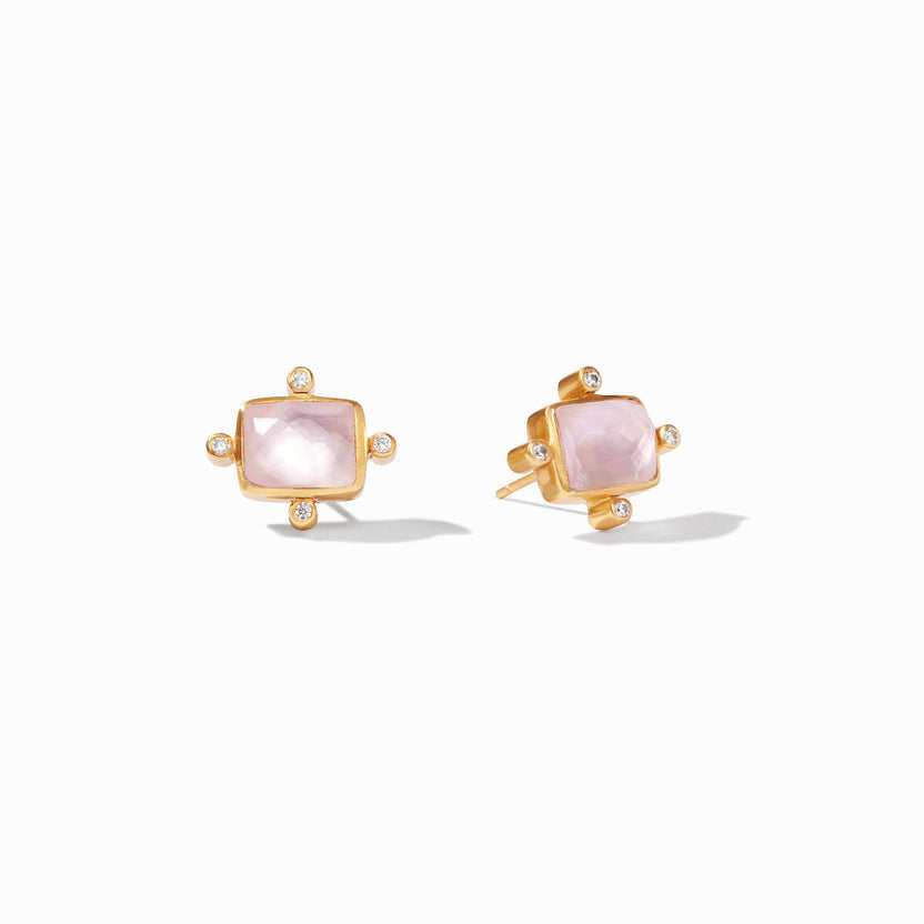 Clara Stud Gold earring featuring a mother-of-pearl center with cubic zirconia accents on a gold post.