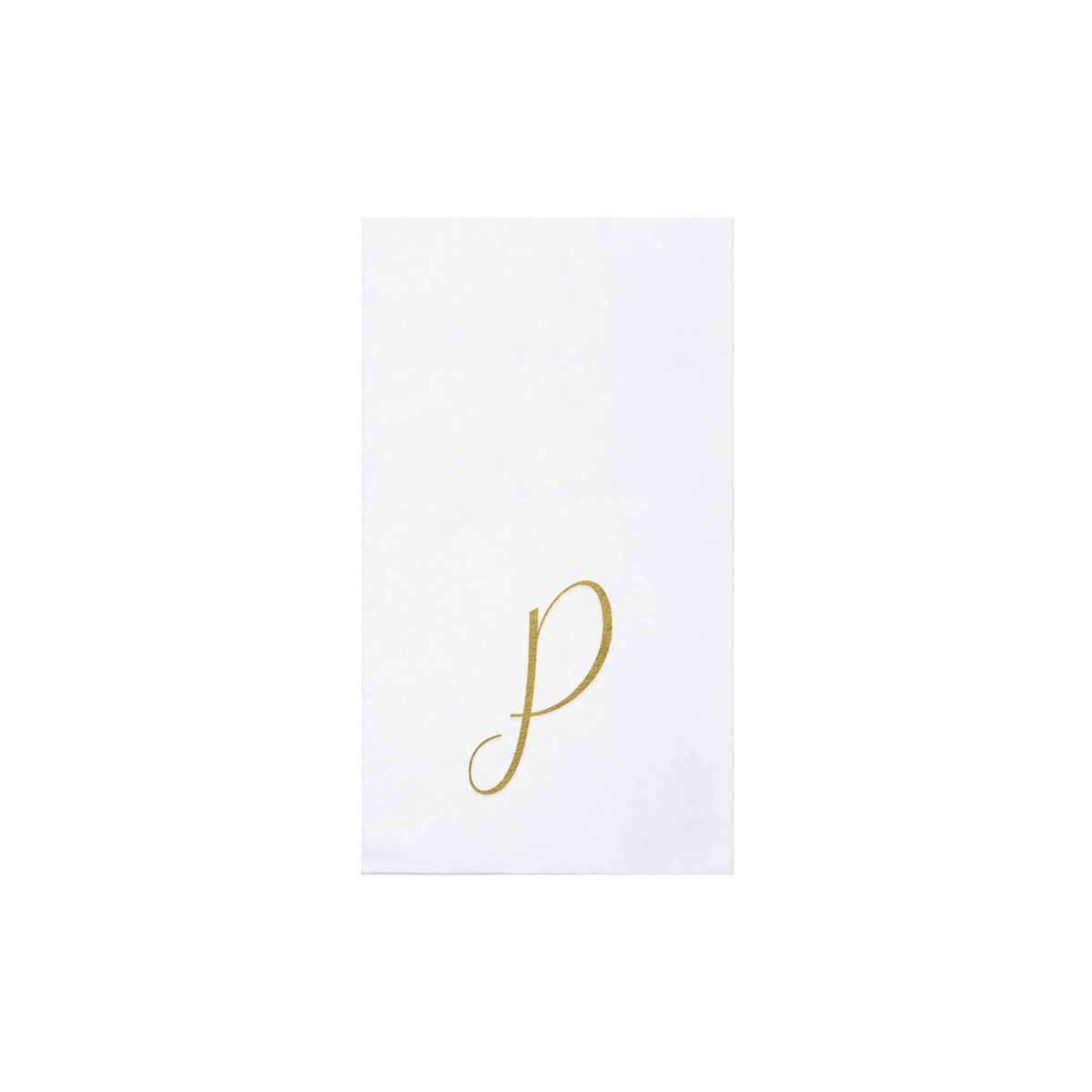 Folded gold monogram guest towels made from absorbent spunlace material.