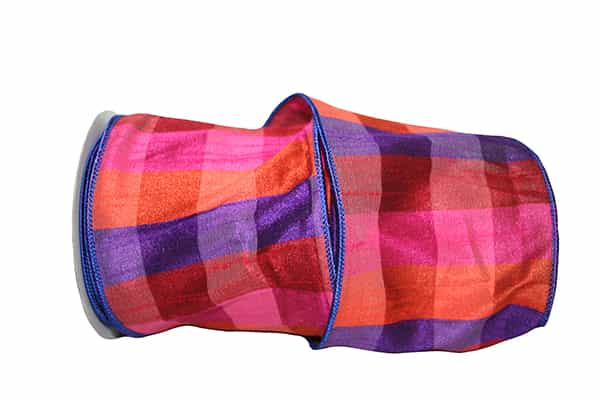Purple dupioni wired edge fabric roll with a prince check pattern