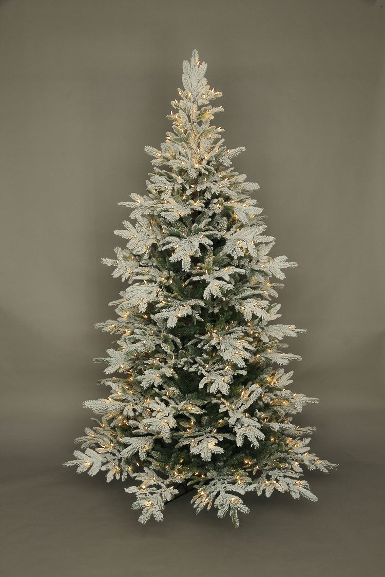 7.5-foot flocked Noble Fir artificial Christmas tree with warm LED lights