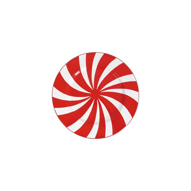 Round enameled charger plate with a red and white peppermint candy stripe swirl pattern.