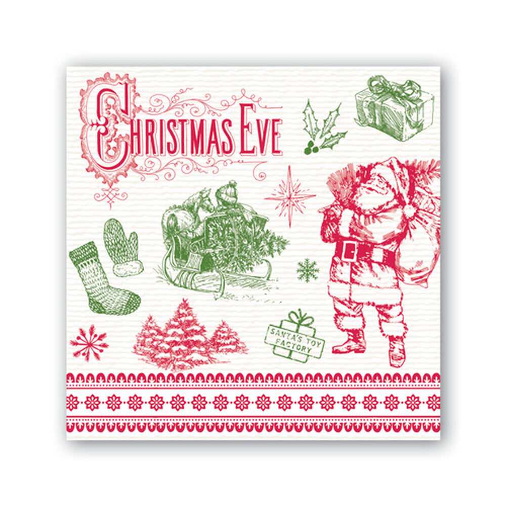 Folded white cocktail napkins with a subtle holiday-themed printed pattern.