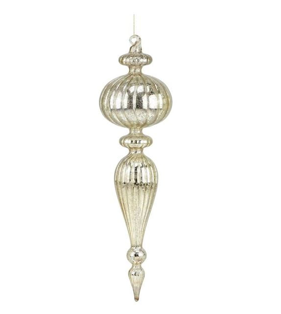 Mercury glass finial with dark rich tones in a classic ornamental silhouette.