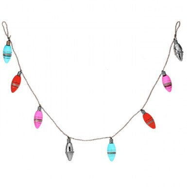 48-inch glass garland with colorful tinsel-filled bulbs in red, pink, blue, and silver.