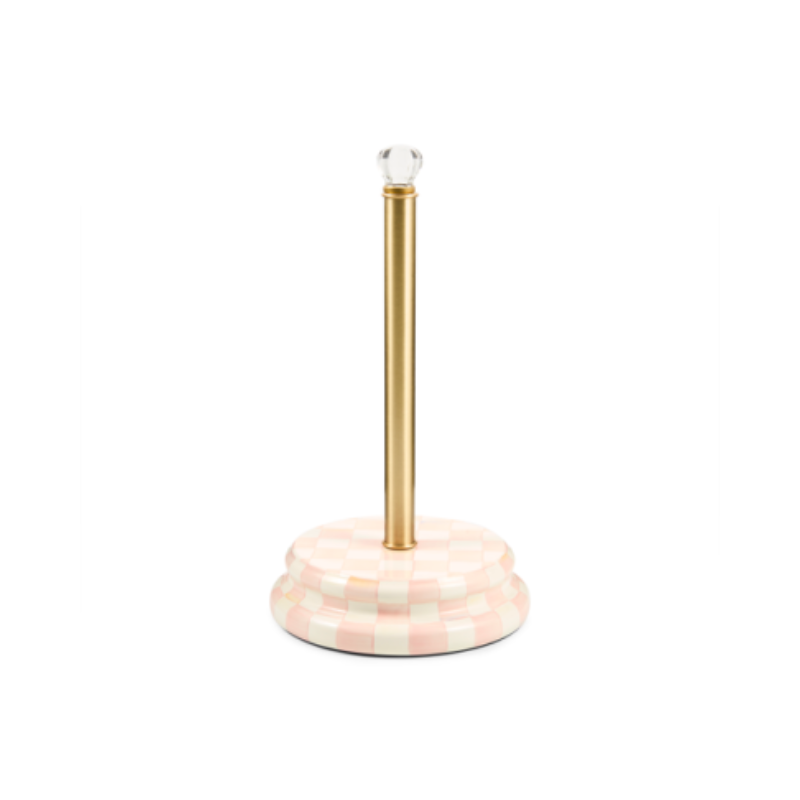 Check Paper Towel Holder with a pink and white checkered base, gold center post, and glass knob.