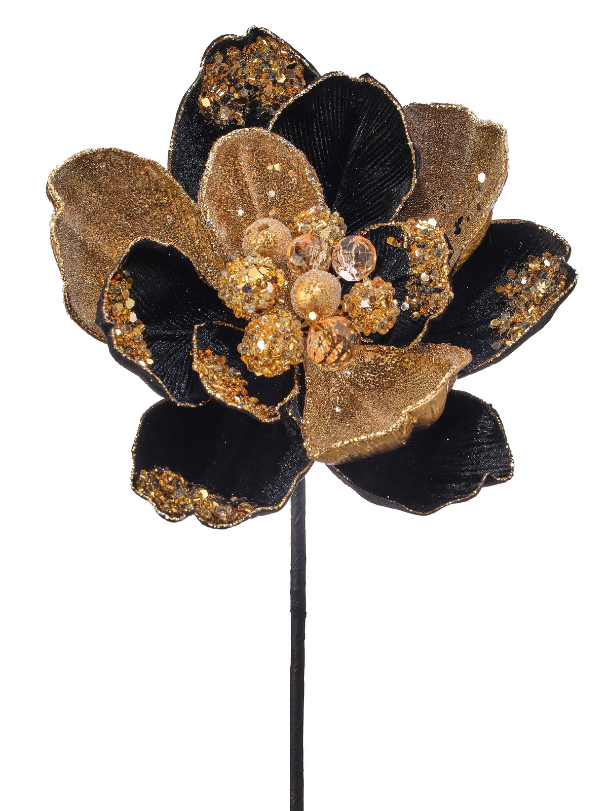 24-inch black and gold iced magnolia stem with jewel-encrusted petals and center.