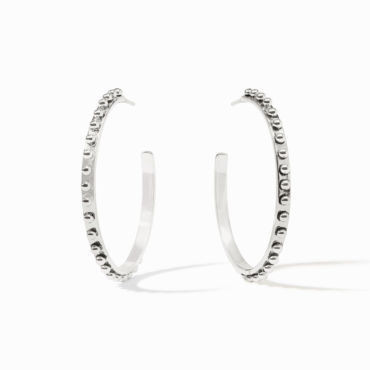 Silver plated large hoop earring with a polished finish.
