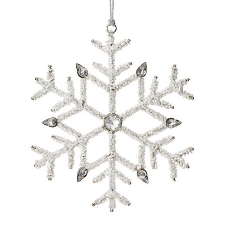 6.5-inch white beaded snowflake ornament with silver jewels and a hanging loop.