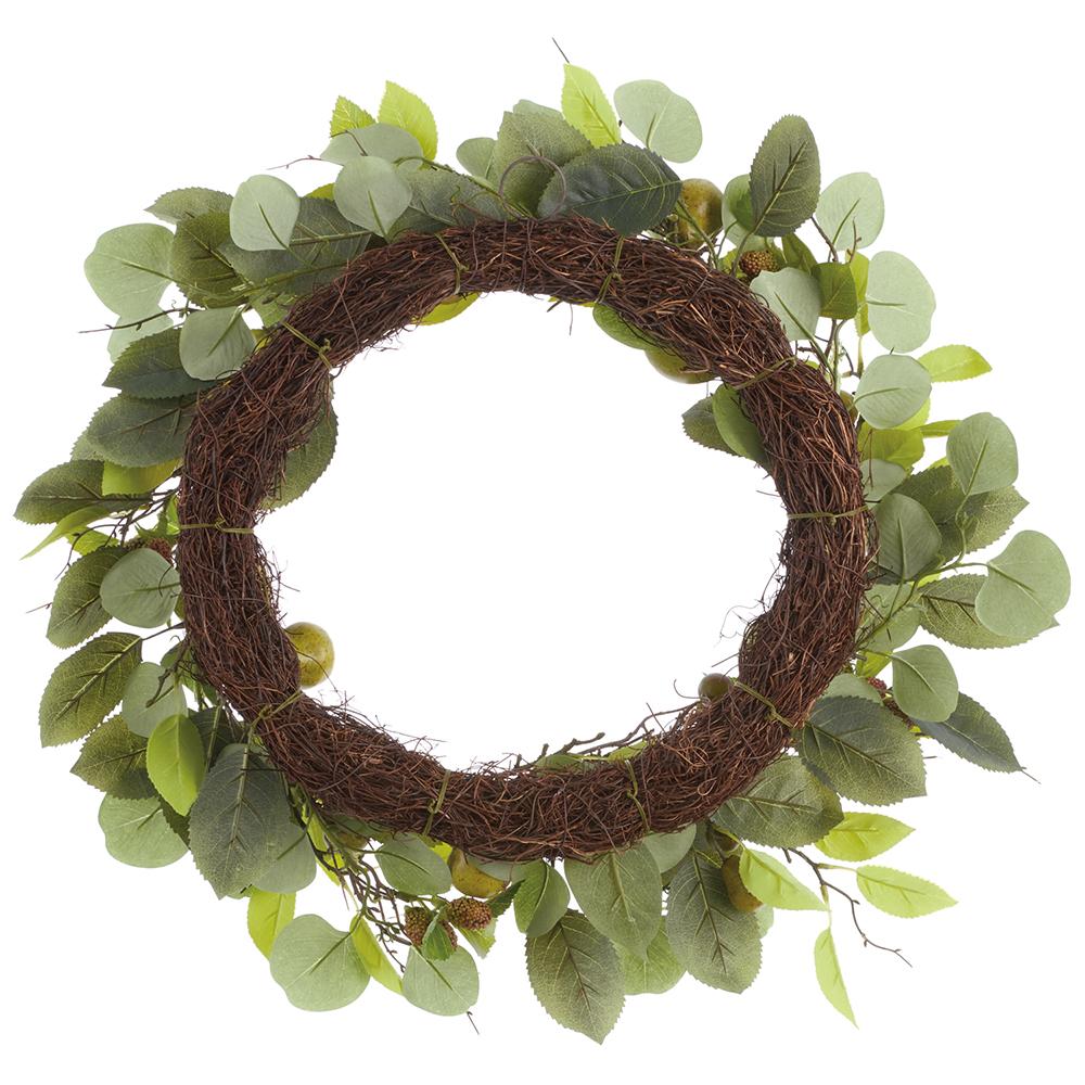Polyester wreath with pear, raspberry, eucalyptus colors on iron wire frame
