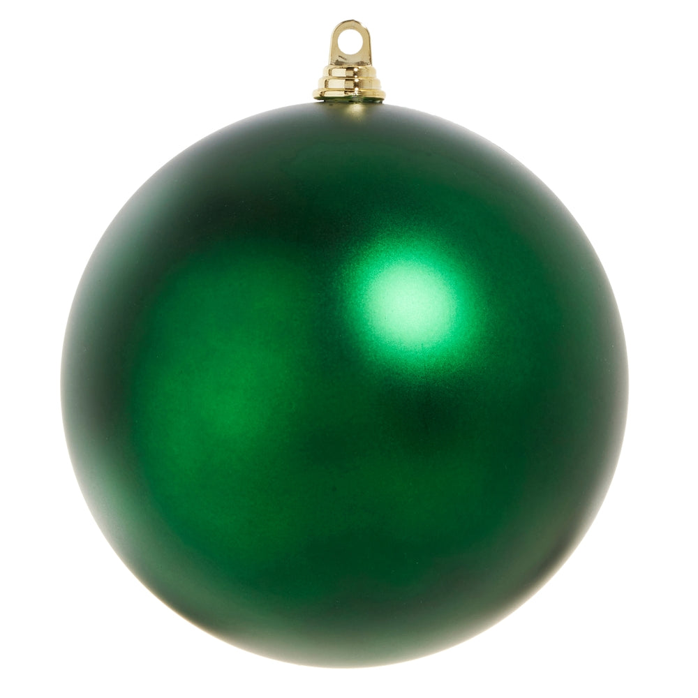 Matte green plastic ball ornament with a smooth spherical shape.