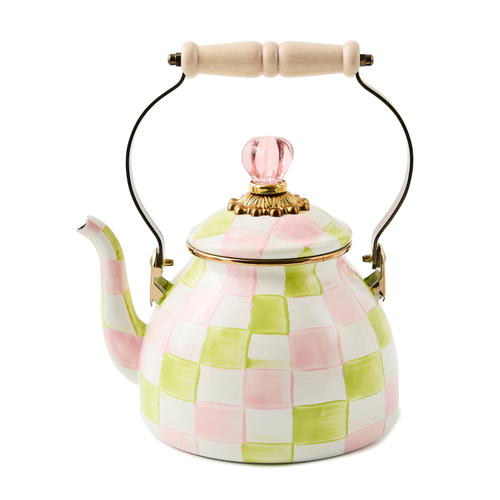 Two-quart tea kettle with hand-painted check pattern on glazed steel body, wood handle, and glass finial.