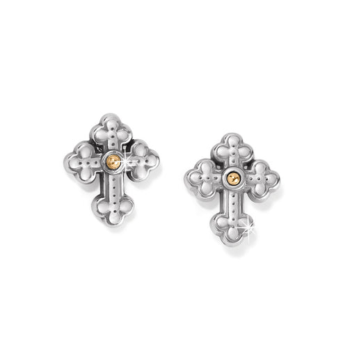 Luna Cross Mini Post Earrings in two-tone silver and gold plated finish.