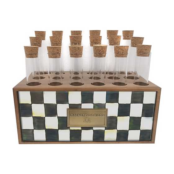 Courtly Check Spice Rack with a wooden base, checkered enamel plate, and 20 glass vials with corks.