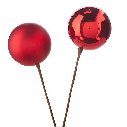 Red plastic ball ornament pick with a round shape.