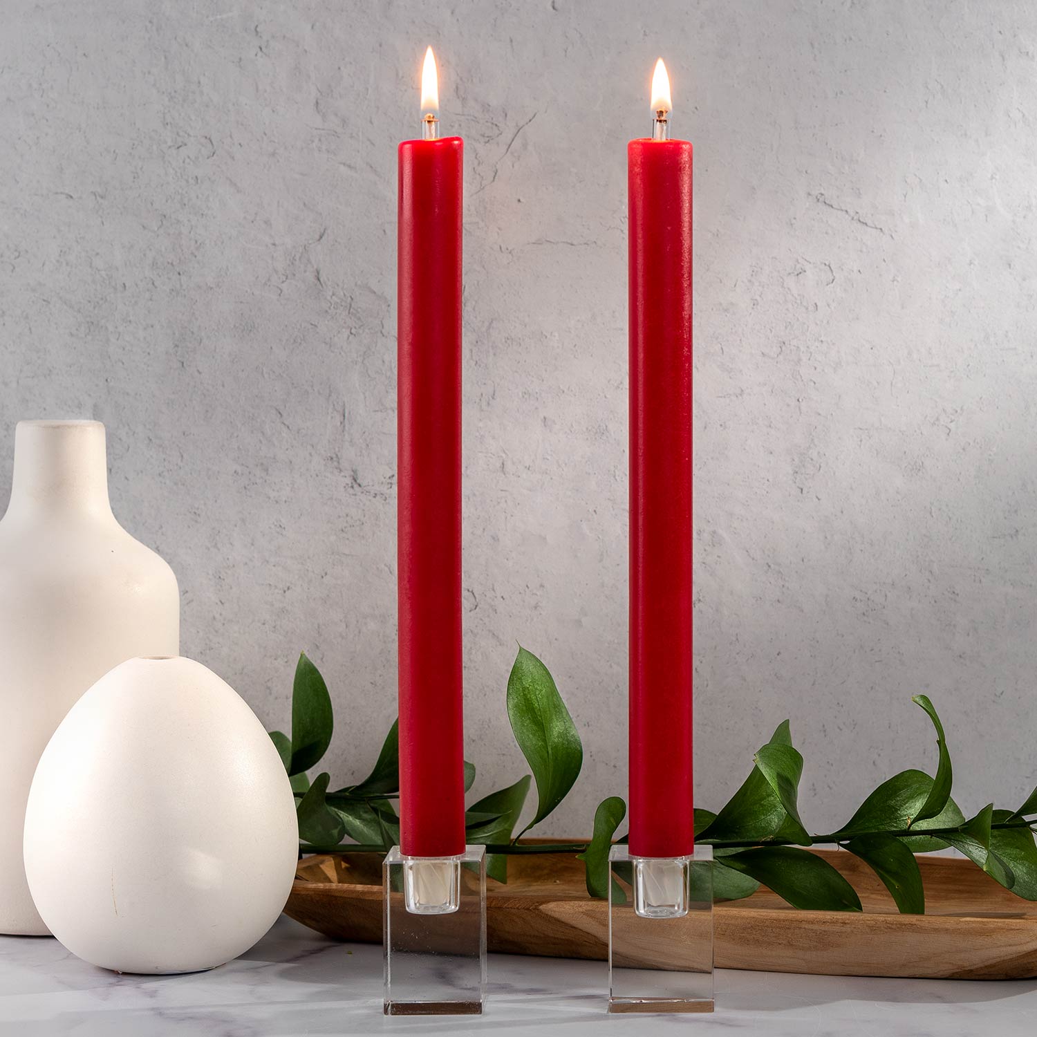 Ruby dinner candle in a clear glass holder with an 1x11 inch silhouette and universal adapter.