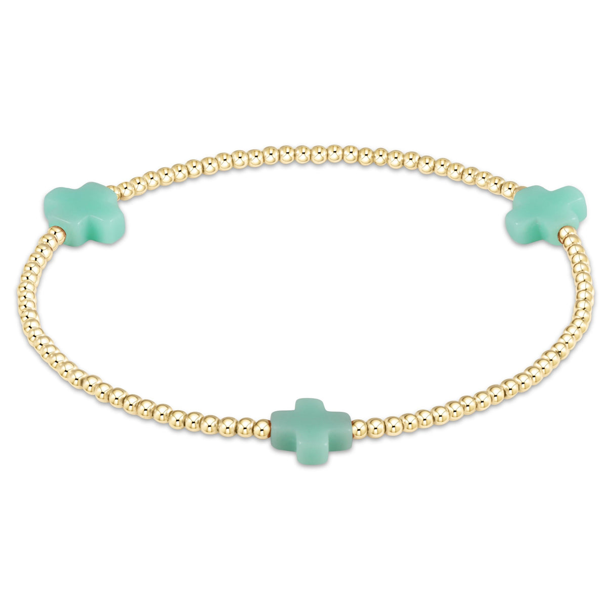 Signature Cross 2mm gold-filled bead stretch bracelet with three mint green cross accents.