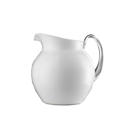 Glazed ceramic pitcher with a rounded body, narrow neck, and smooth handle in neutral earth tones.