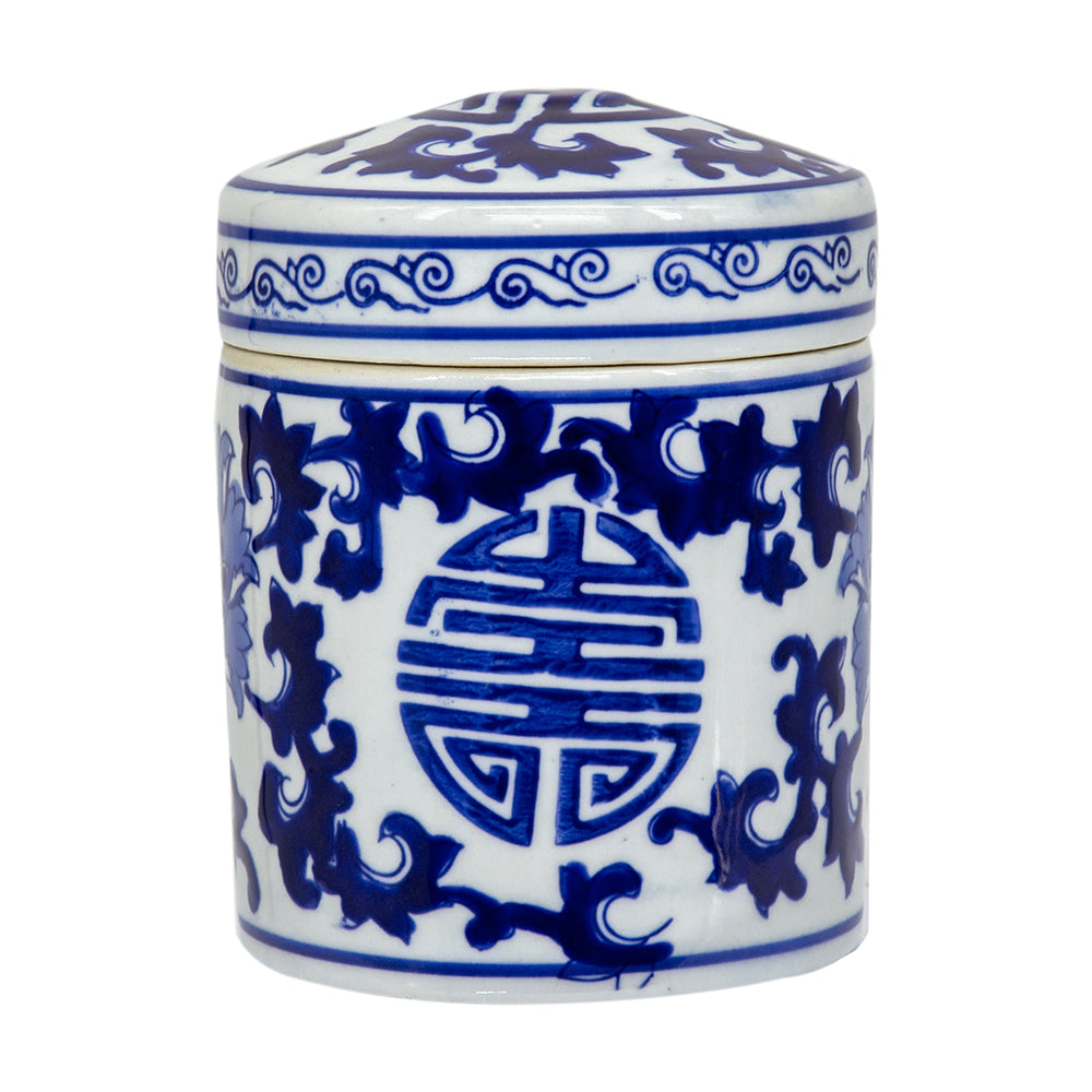 Aline Decorative Tea Caddy, blue and white porcelain jar with lid and traditional Chinese motifs.