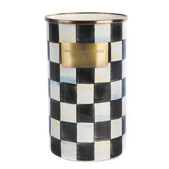 Tall cylindrical enamel utensil holder with Courtly Check pattern on hand-glazed steel and bronzed stainless rim.