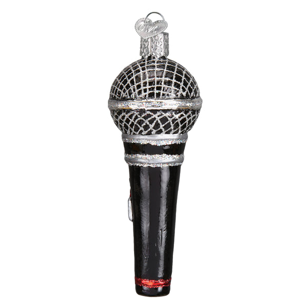 Black and silver glass microphone Christmas ornament with glitter accents and a red base.