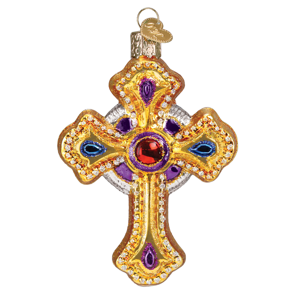Ornate gold glass cross ornament with purple, blue, and red jewels and glitter accents.