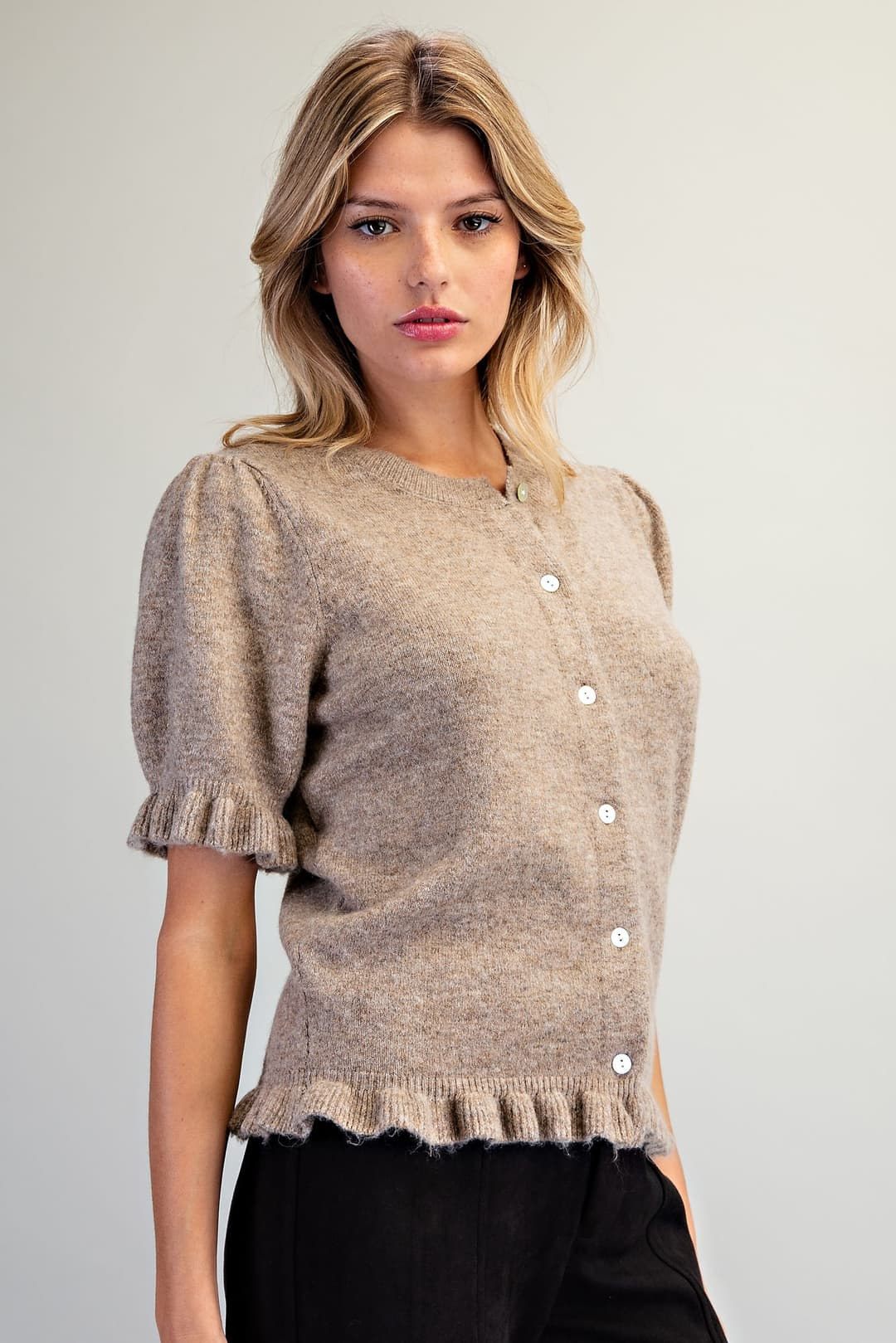 Ezra Ruffle Trim Short Sleeve Cardigan in tan with puff shoulders and button-down front.