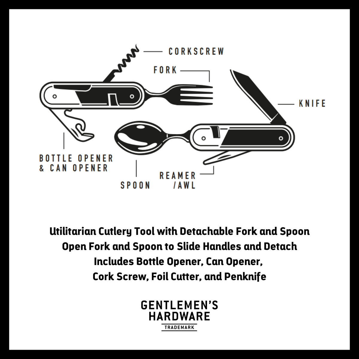 Diagram of a camping cutlery multi-tool with detachable fork, spoon, knife, and other tools.