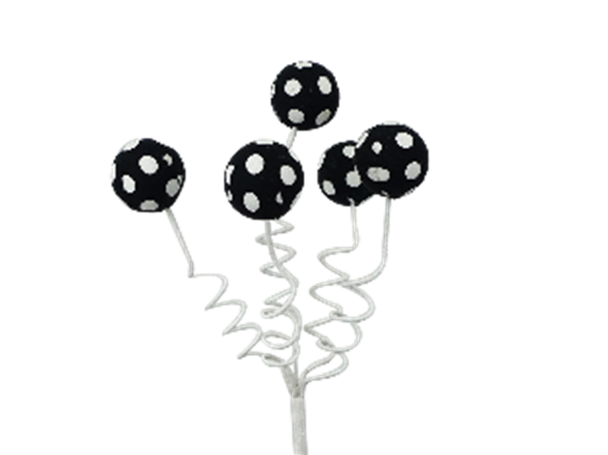 Black polka dot foam ball on a white swirly stick with wire support