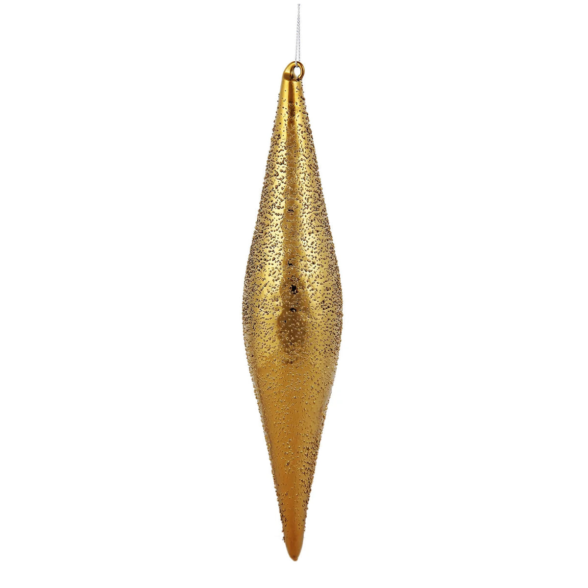 Slender gold beaded finial Christmas ornament with a textured, glittery finish.