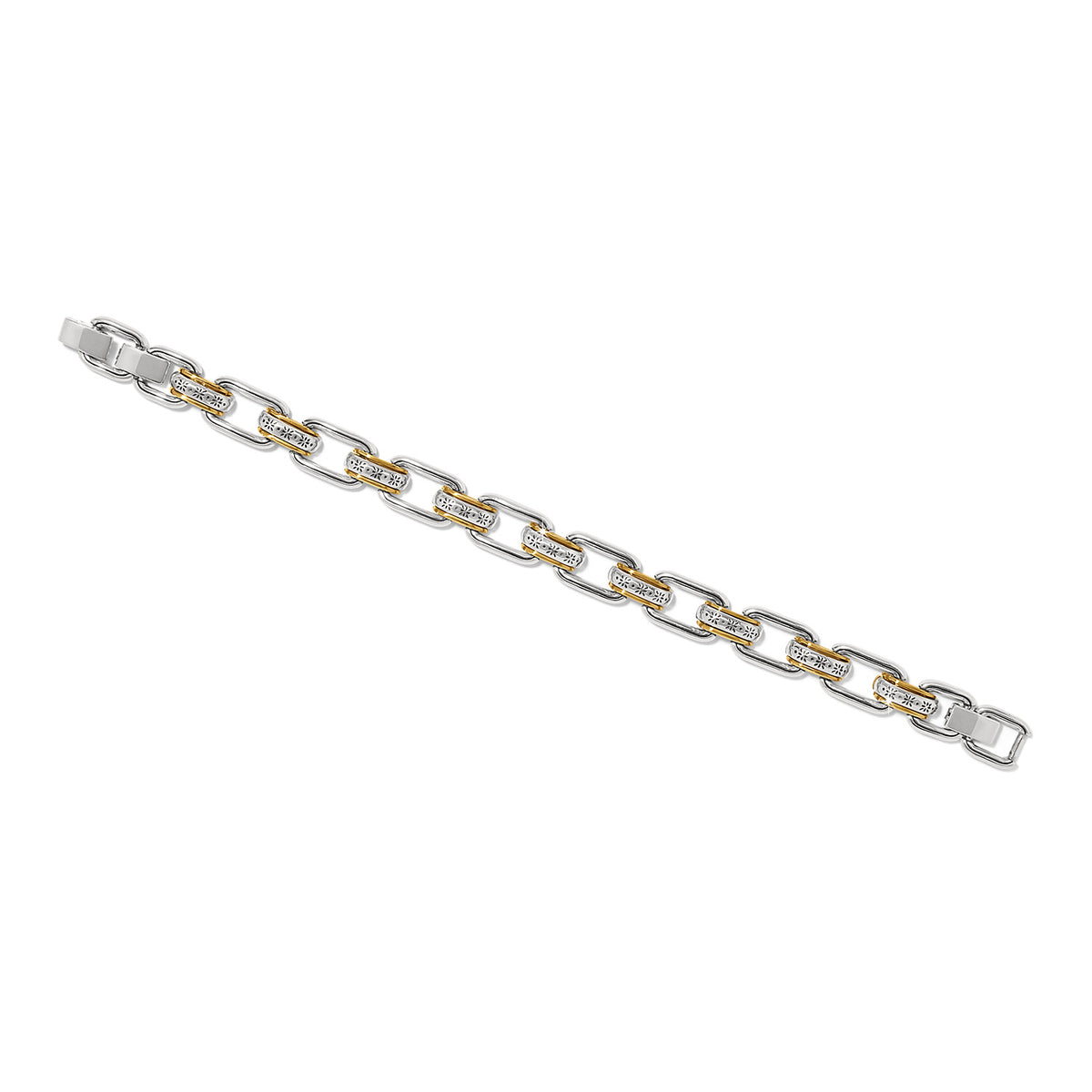 Mosaic Two Tone Links Bracelet featuring silver and gold curved links with a fold-over clasp.