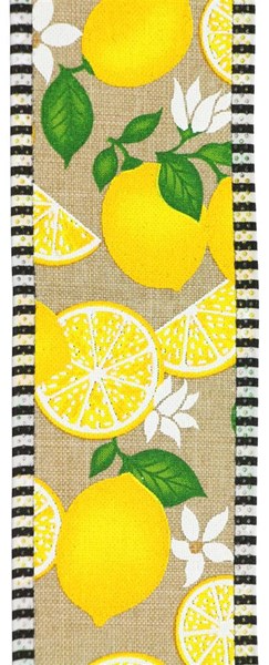 A roll of light beige polyester fabric featuring a lemon print with green leaves and thin stripes.