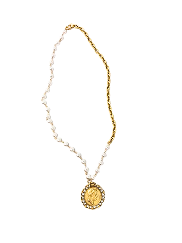 Pearl and gold chain necklace featuring a vintage-style coin medallion with a classic profile.