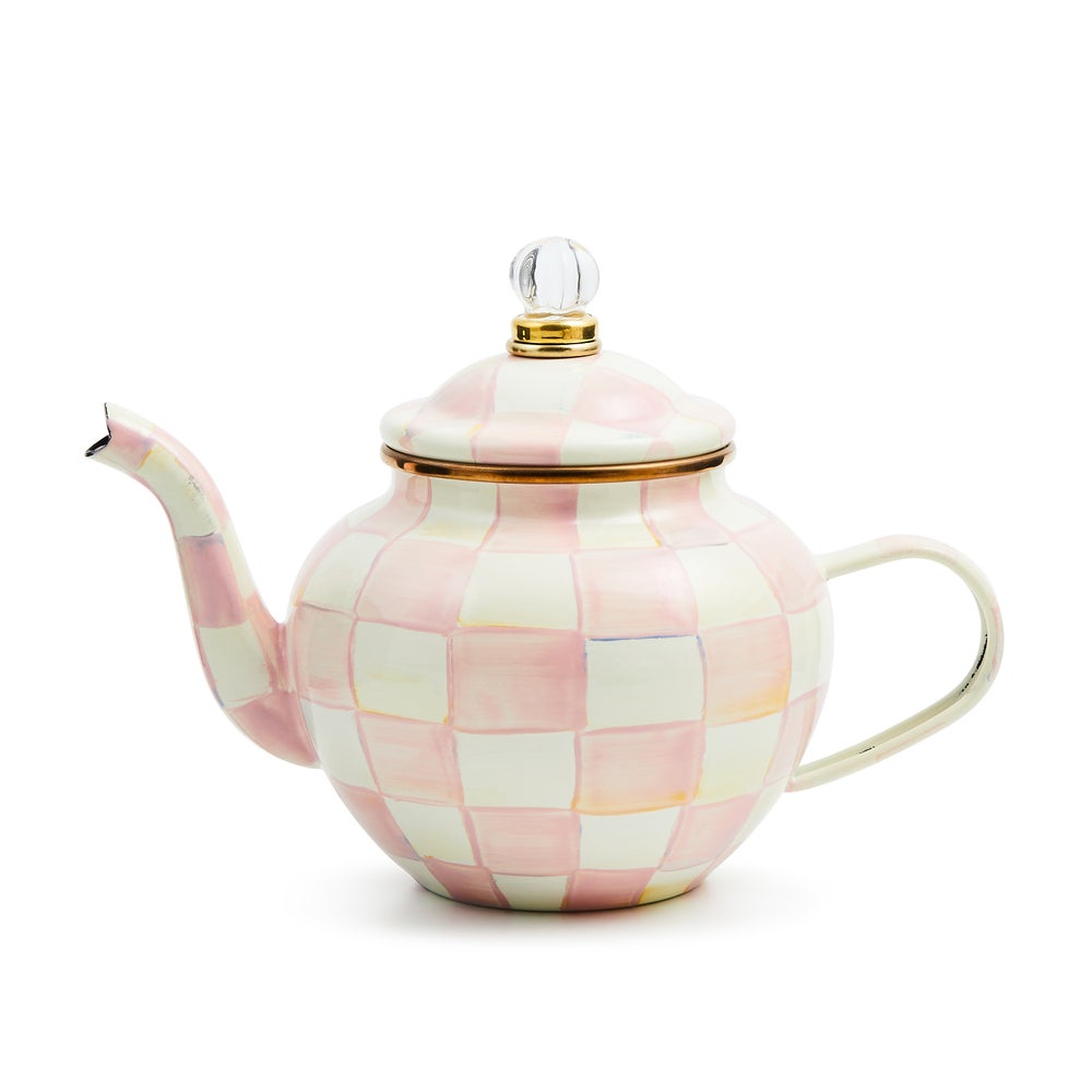 Hand-painted Rosy Check steel teapot with glass finial lid