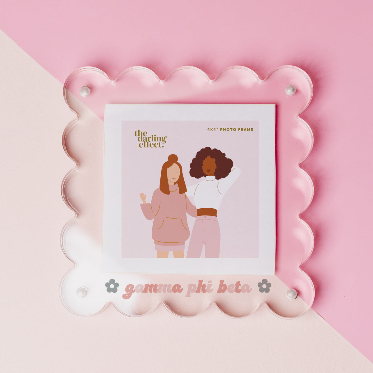 Square scalloped clear acrylic picture frame with 'gamma phi beta' text and a 4x4 photo insert.