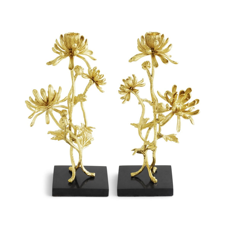 Set of two tall natural brass candleholders with black Kadapp finish