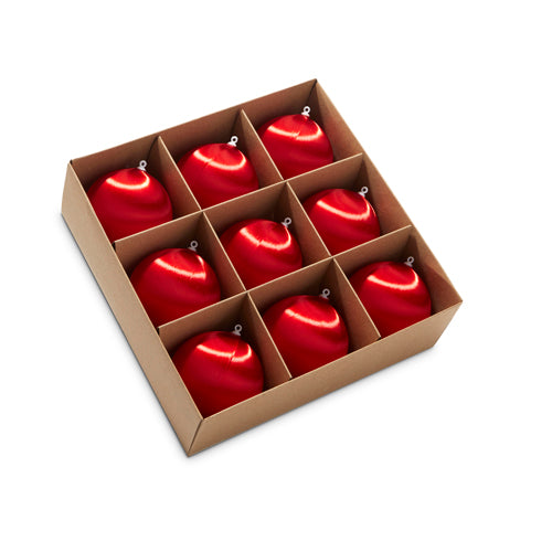 Three-inch red satin ball ornament with a smooth spherical shape.