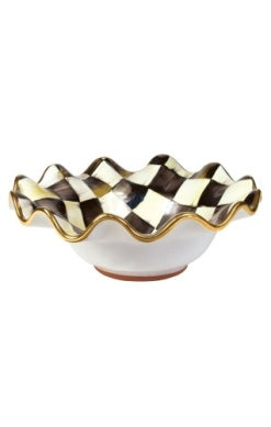 Hand-painted black and white checkered ceramic breakfast bowl with a fluted gold luster rim.