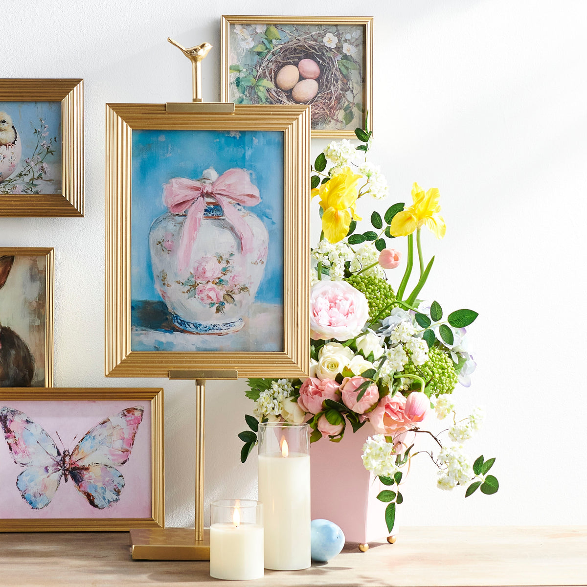 Framed wall art featuring a rose ginger jar illustration on wood with dimensions 16 inches.