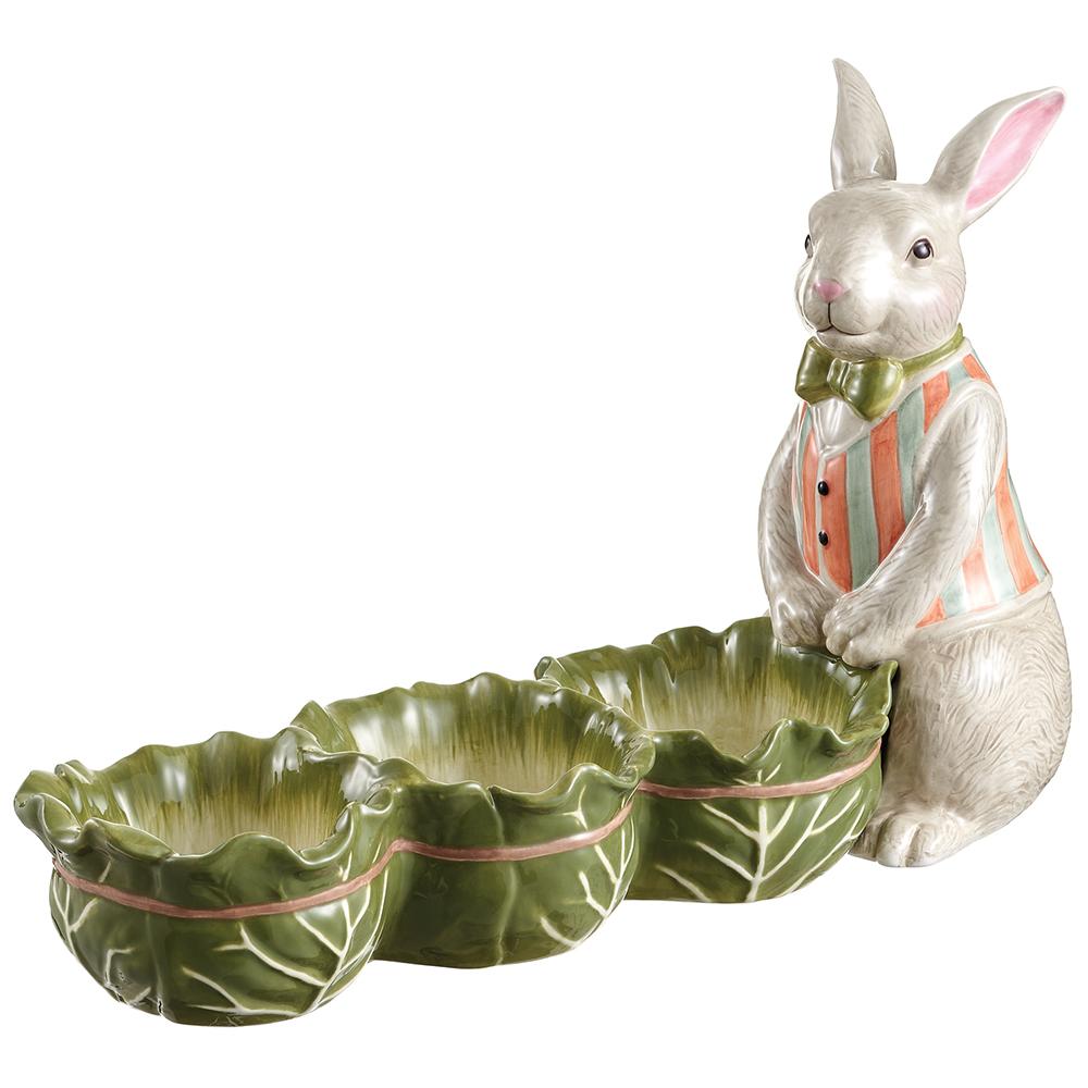 Cream green dolomite bunny-shaped bowl holding a cabbage with glazed finish