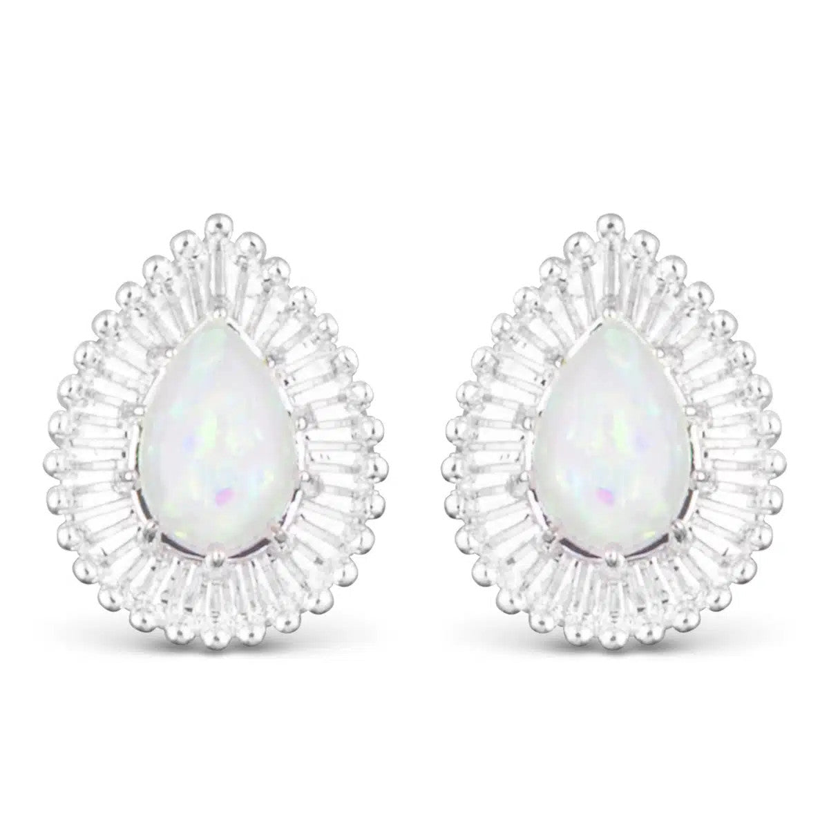 Teardrop-shaped opal stud earrings in a silver sunburst setting.