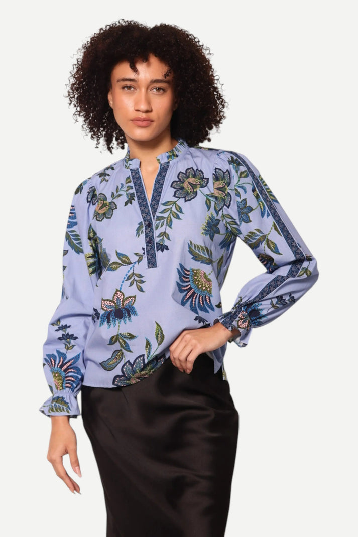 Ashley Ruffle Neck Top in white cotton with a ruffled neckline.