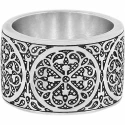 Silver band ring featuring an intricate black engraved filigree pattern in a circular motif.
