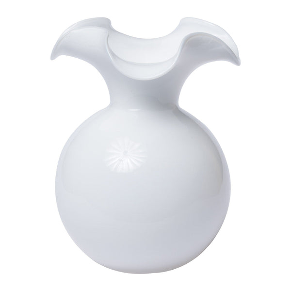 Hibiscus Glass Medium Fluted Vase in solid white with a round base and ruffled rim.