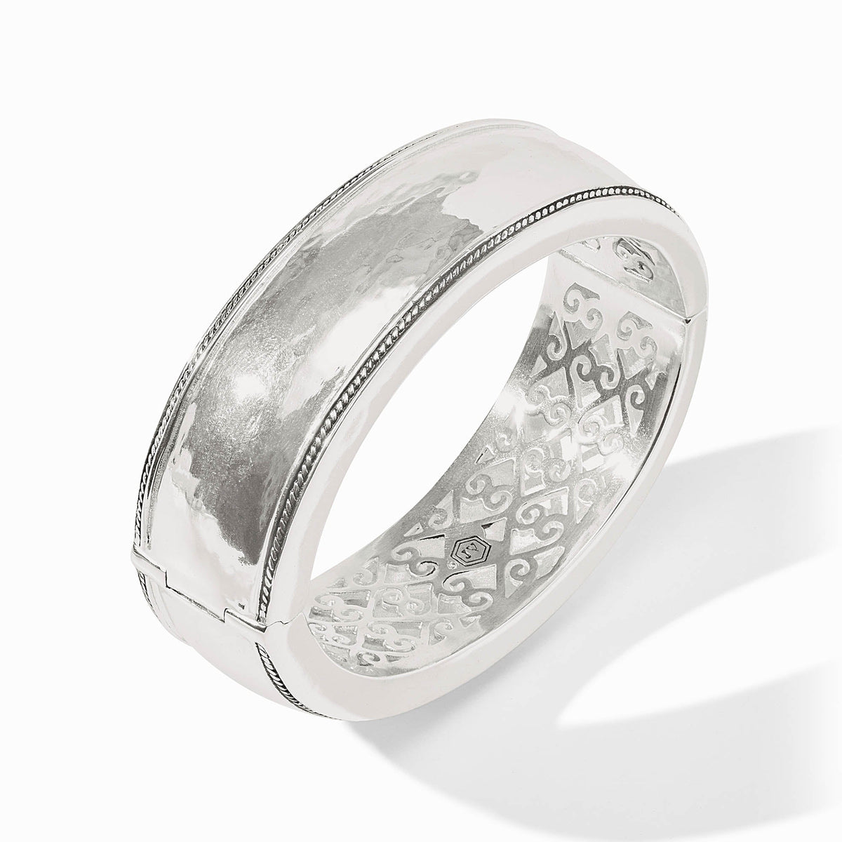 Silver plate Cannes statement bangle with spring hinge closure