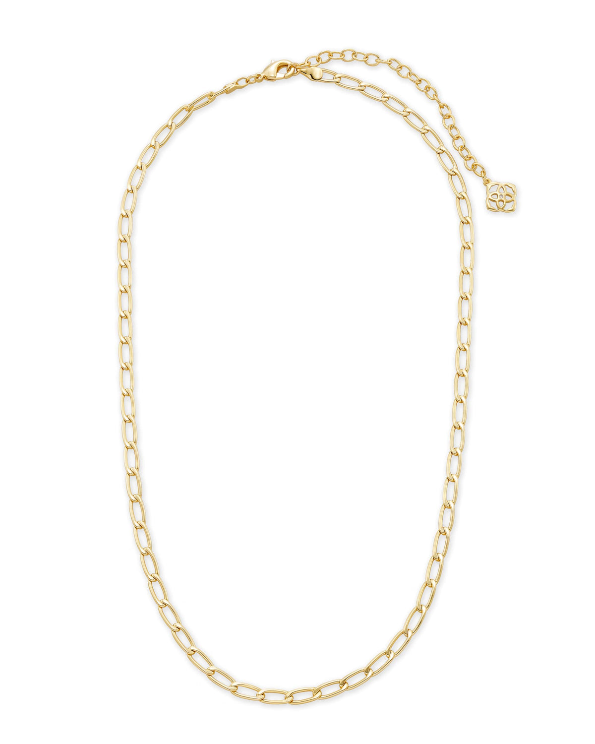 Gold chain necklace with oval links and a decorative clasp.